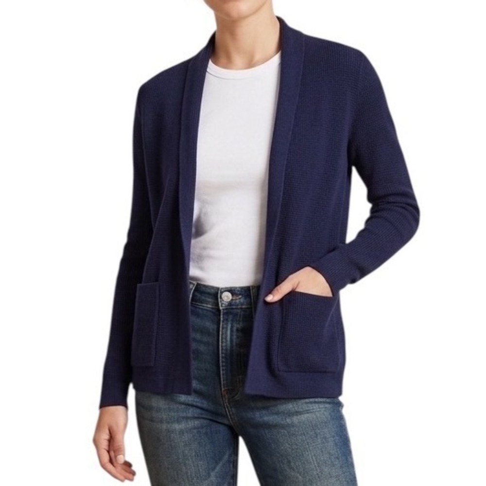 Cyrus Women Navy Blue Waffle Knit‎ Open Front Cardigan Sweater Minimalist XS